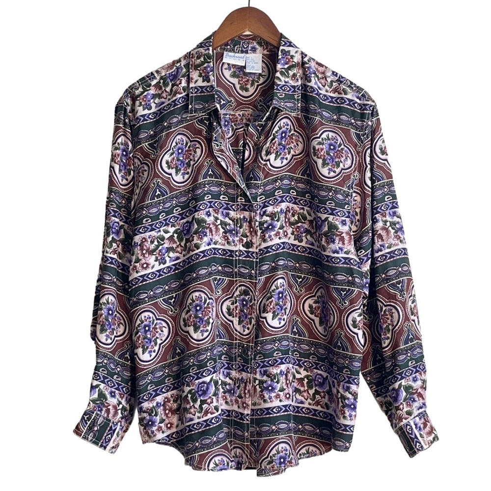 Vintage Backroad Blues Silk Floral Long Sleeve Blouse Shirt Sz L